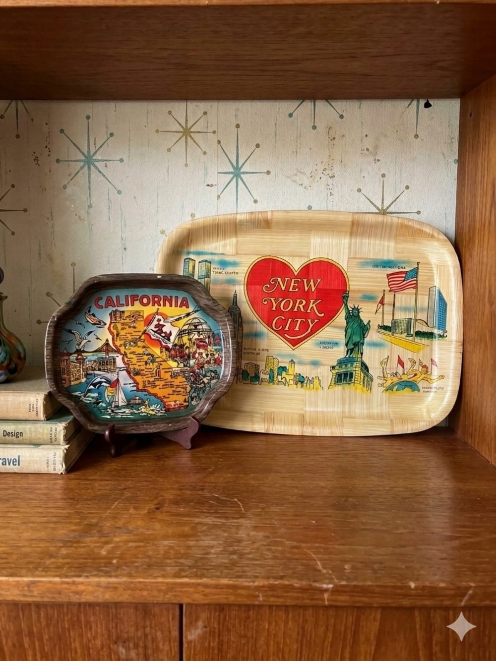 Pair of Souvenir Trays 1970s NEW YORK CITY Bamboo Serving Tray + California Tin